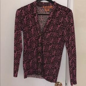 Tory Burch vneck pink and brown cardigan
